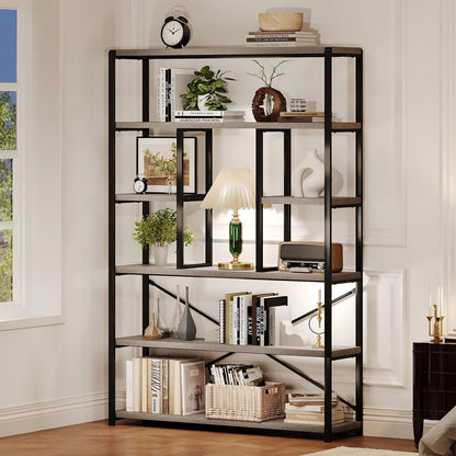 LVB Industrial 6 Tier Bookshelf, Large Tall Open Rustic Vintage Etagere Bookcase, Gray Big Wide