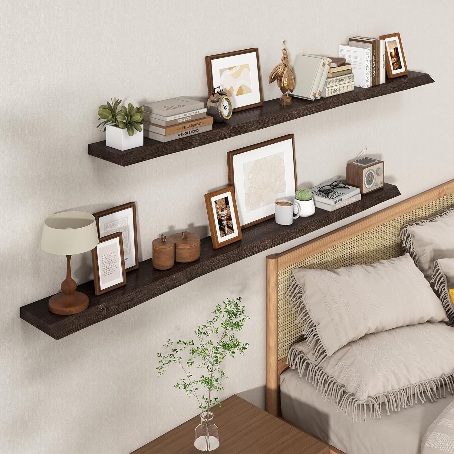 Axeman 72 inch Extra Long Floating Shelves for Wall - 8'' D Live Edge Rustic Solid Elm Wood