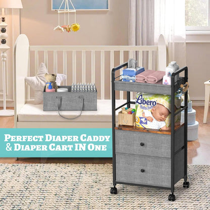 2IN1 Baby Diaper Caddy Organizer & 4-Tier Rolling Cart, Bedside Cart for Baby Essentials Nursery