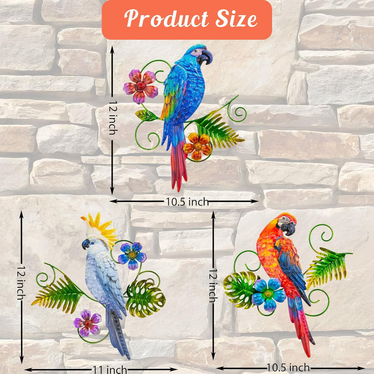 Metal Colorful Parrots Wall Art, 12 Inches Parrot Large Hanging Outside Decoration 3 Pack, Metal