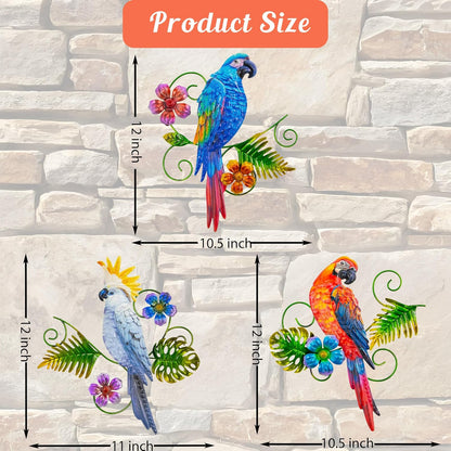 Metal Colorful Parrots Wall Art, 12 Inches Parrot Large Hanging Outside Decoration 3 Pack, Metal