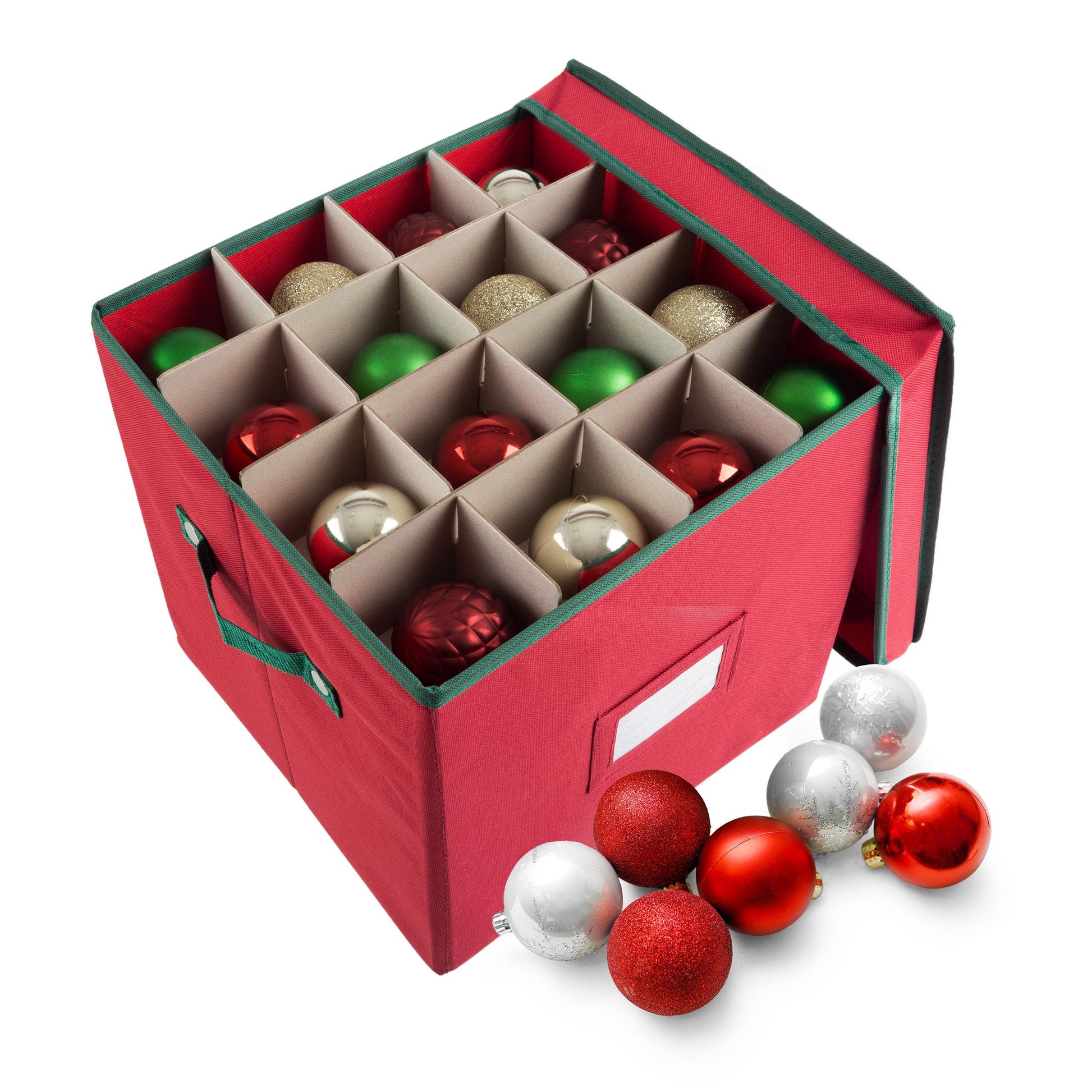 Christmas Decor Storage Box - Red Oxford Canvas Ornament Cube Chest With 64 Compartment Dividers