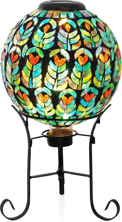 Alpine Corporation GRS926A-SLR Solar Gazing Globe w/Mosaic Peacock Feather Design & Metal Stand