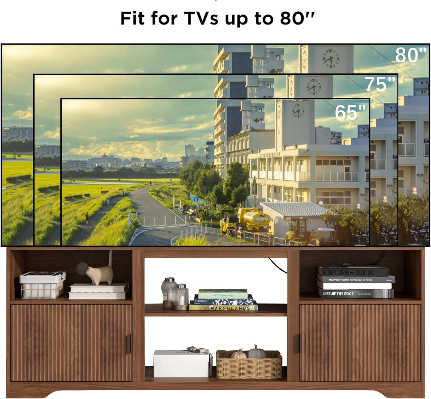 Fluted TV Stand for Tvs up to 80",Mid Century Modern TV Stand with Open Adjustable