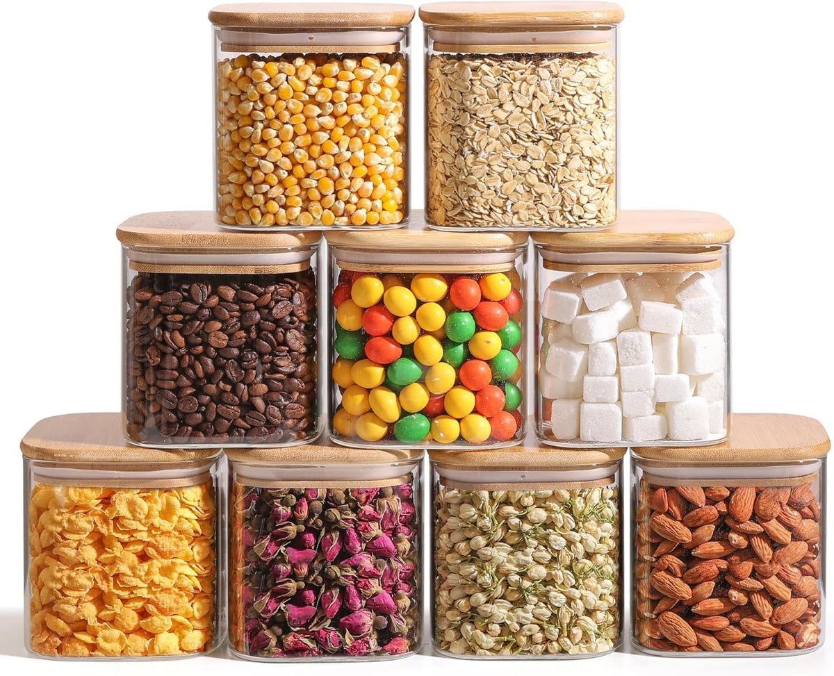ComSaf 0.7 Qt Glass Food Storage Jars Set of 9, Clear Glass Storage Containers with Lids, Pantry