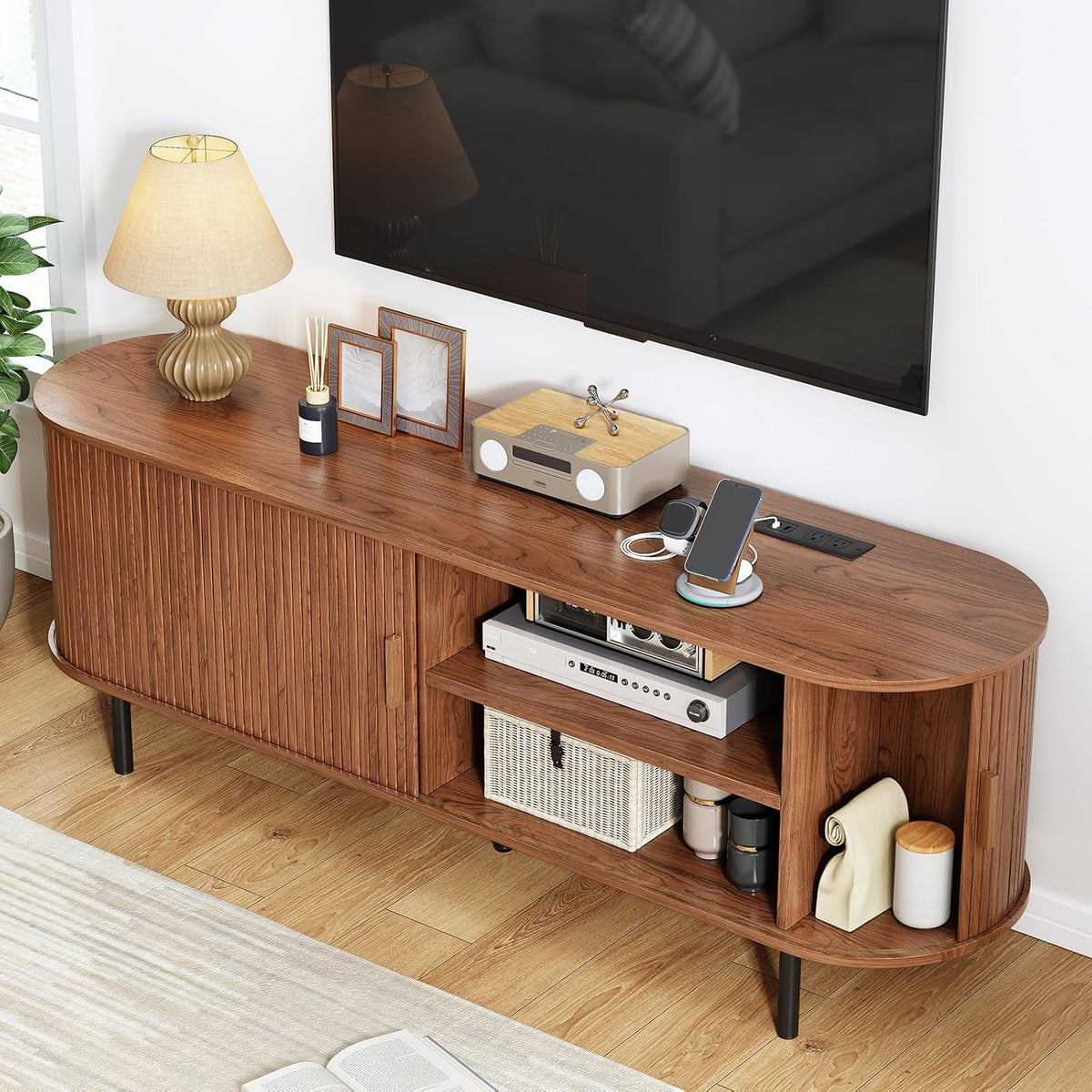 63" TV Stand with Power Outlet, Modern Media Console with Sliding Doors, Entertainment Center for