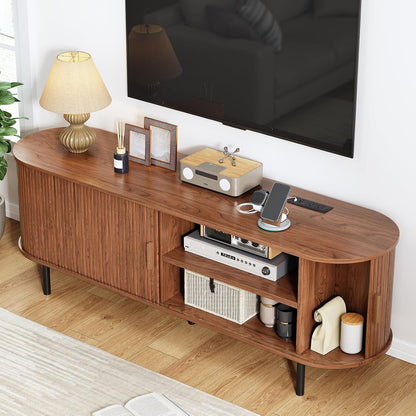 63" TV Stand with Power Outlet, Modern Media Console with Sliding Doors, Entertainment Center for