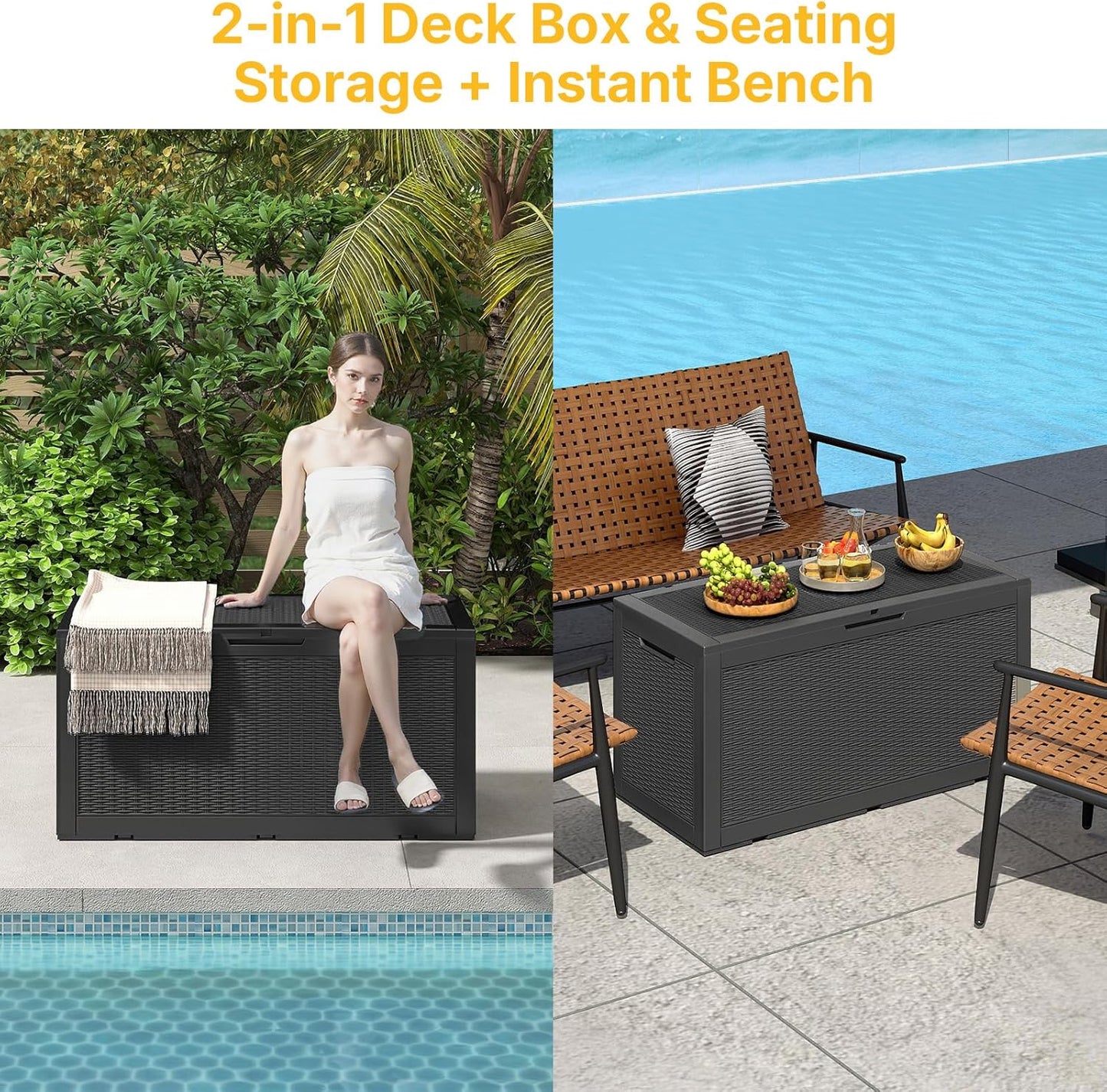 100 Gallon Deck Box Outdoor Waterproof, Rattan Outdoor Storage Box, Patio Storage Boxes for