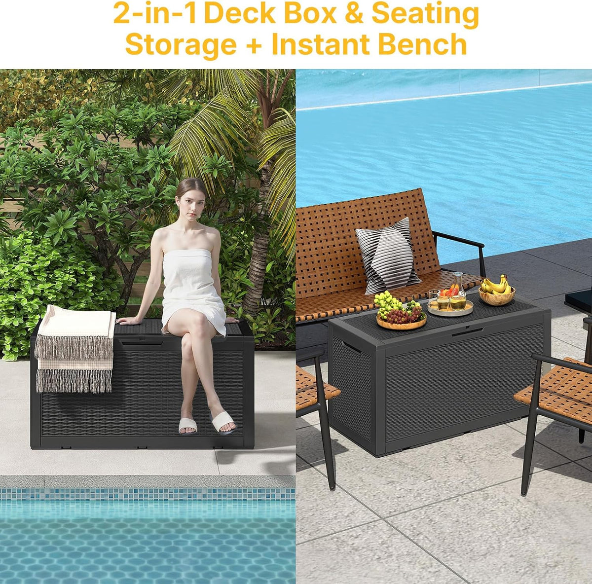 100 Gallon Deck Box Outdoor Waterproof, Rattan Outdoor Storage Box, Patio Storage Boxes for
