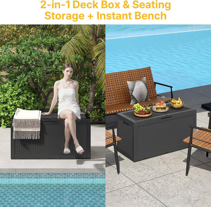 100 Gallon Deck Box Outdoor Waterproof, Rattan Outdoor Storage Box, Patio Storage Boxes for