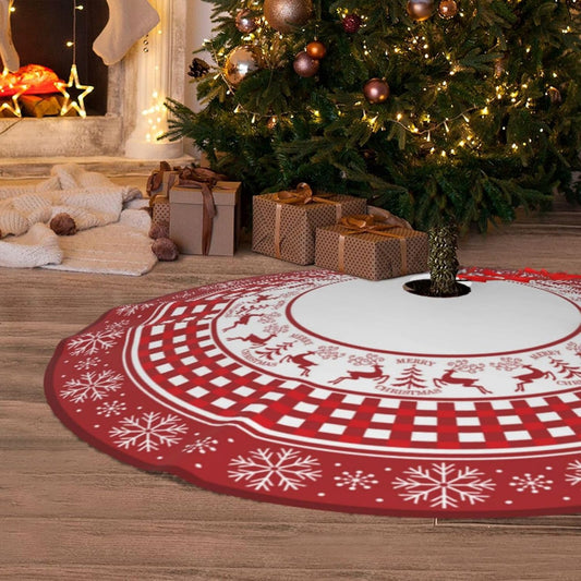 Christmas Tree Skirt, Red Tree Skirts 48 Inch with Snowflake Reindeer Rustic Farmhouse Xmas Tree