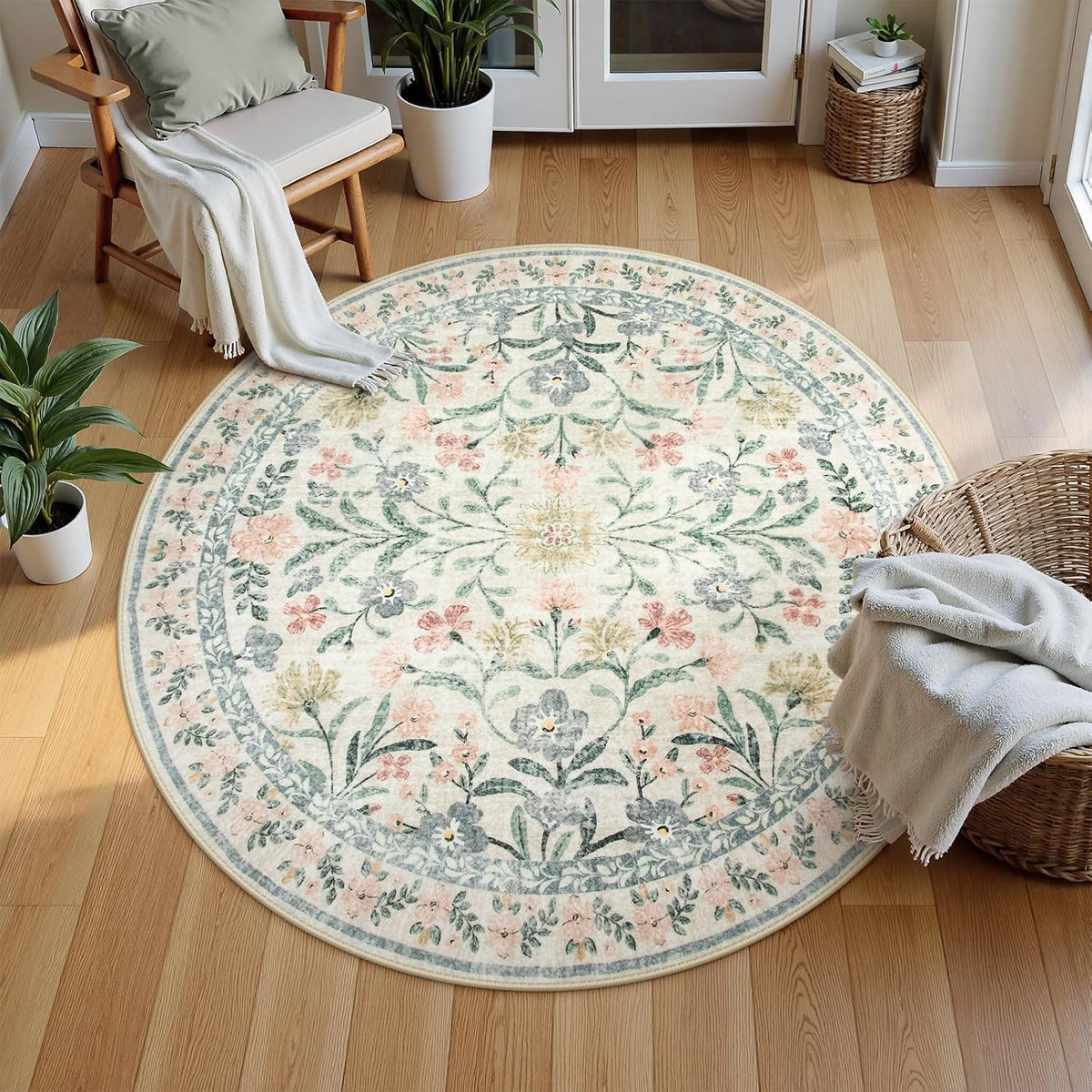 Wonnitar Floral Round Rugs 6ft, Boho Large Machine Washable Circle Rug, Low Pile Soft Flower