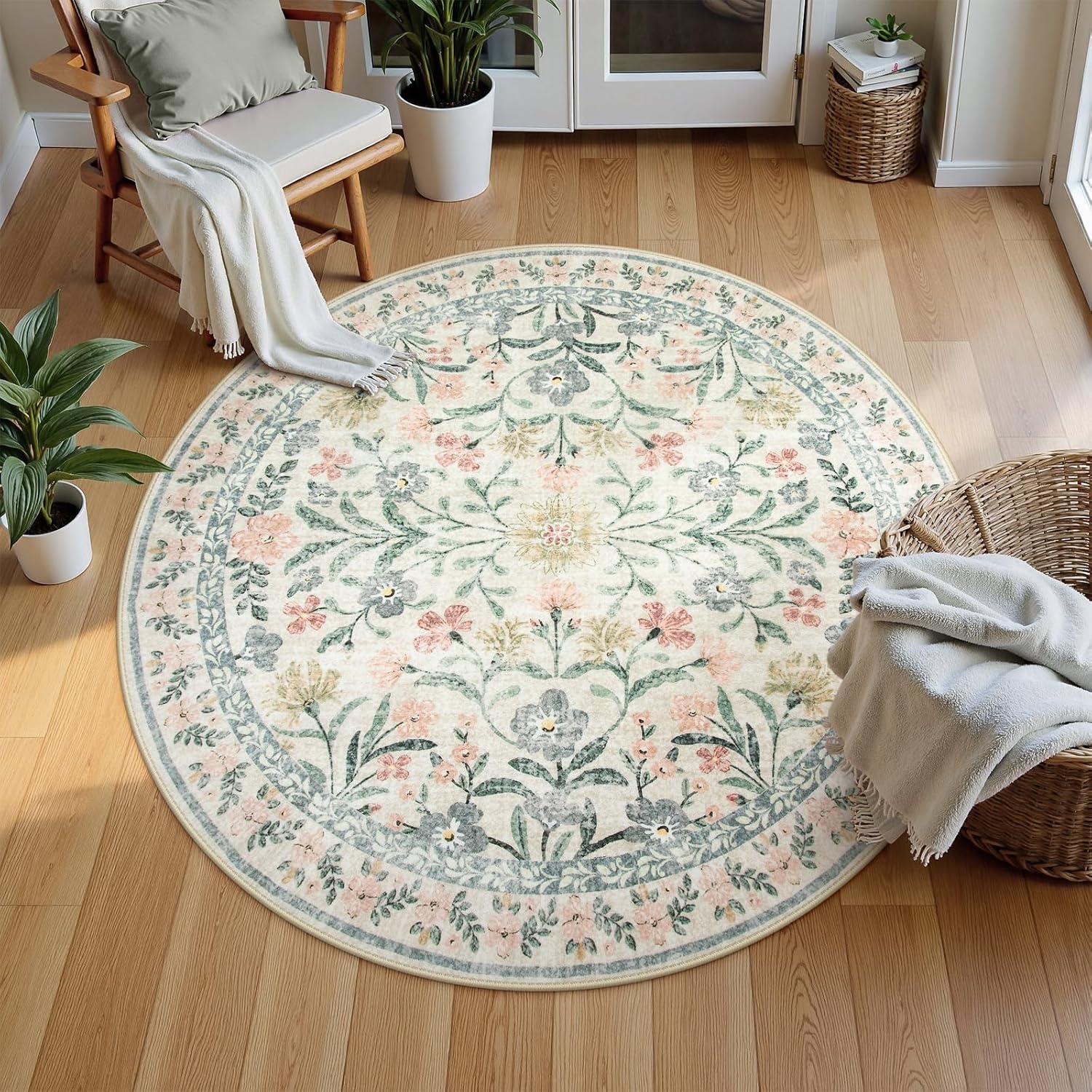 Wonnitar Floral Round Rugs 6ft, Boho Large Machine Washable Circle Rug, Low Pile Soft Flower