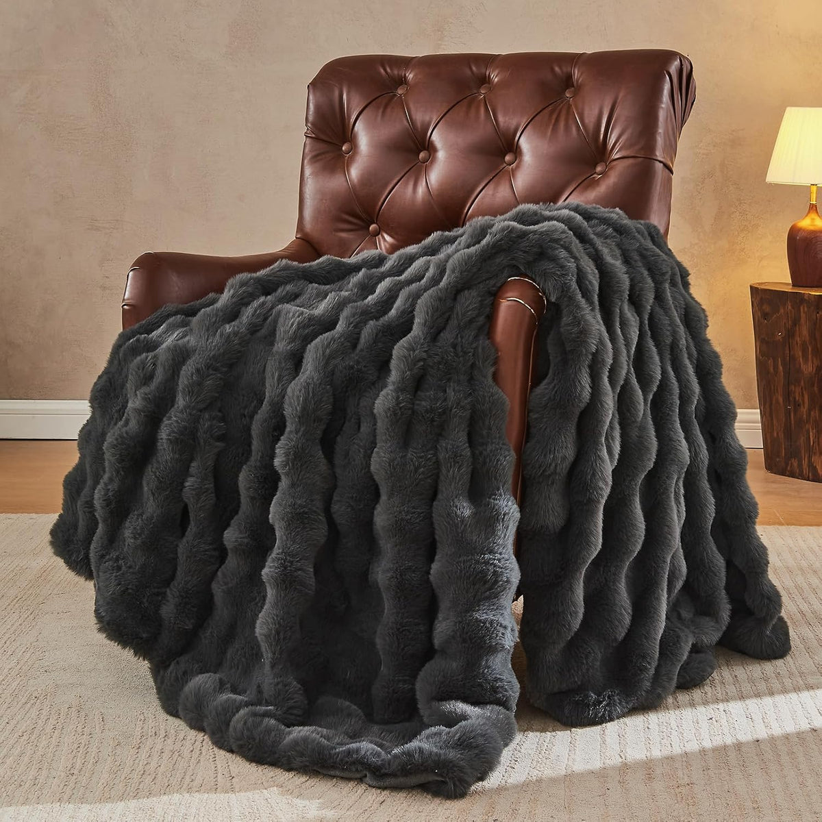 Lotus Karen Faux Fur Blanket Dark Gray Twin Size - Big Bubble Rabbit Fluff Throws for Couch Small