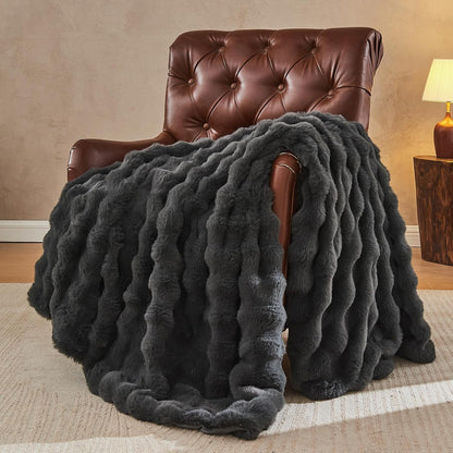 Lotus Karen Faux Fur Blanket Dark Gray Twin Size - Big Bubble Rabbit Fluff Throws for Couch Small