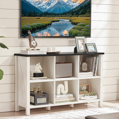 Farmhouse 6 Cube Bookshelf, Antique White & Black Wooden Storage Organizer Book Shelf, 47" Cubby
