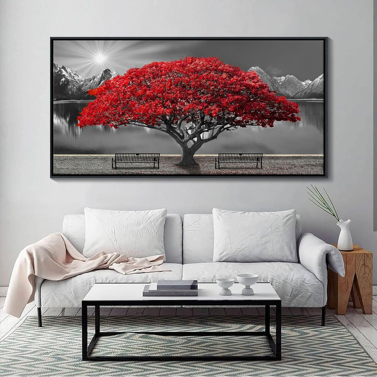 Framed Black and White Red Tree Wall Art Canvas Print Picture Large Red Tree Landscape Modern
