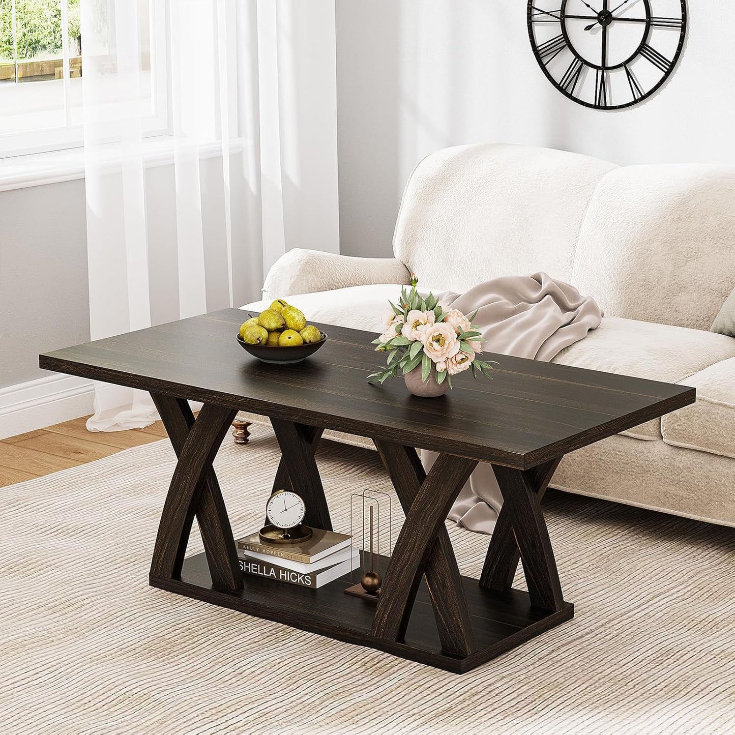 47” Wood Coffee Tables for Living Room Rustic Stands with Storage Shelf Brown Coffee Tables for