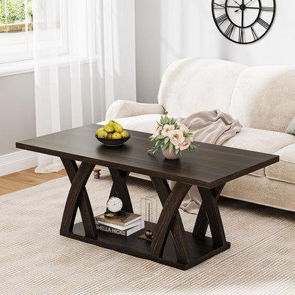 47” Wood Coffee Tables for Living Room Rustic Stands with Storage Shelf Brown Coffee Tables for