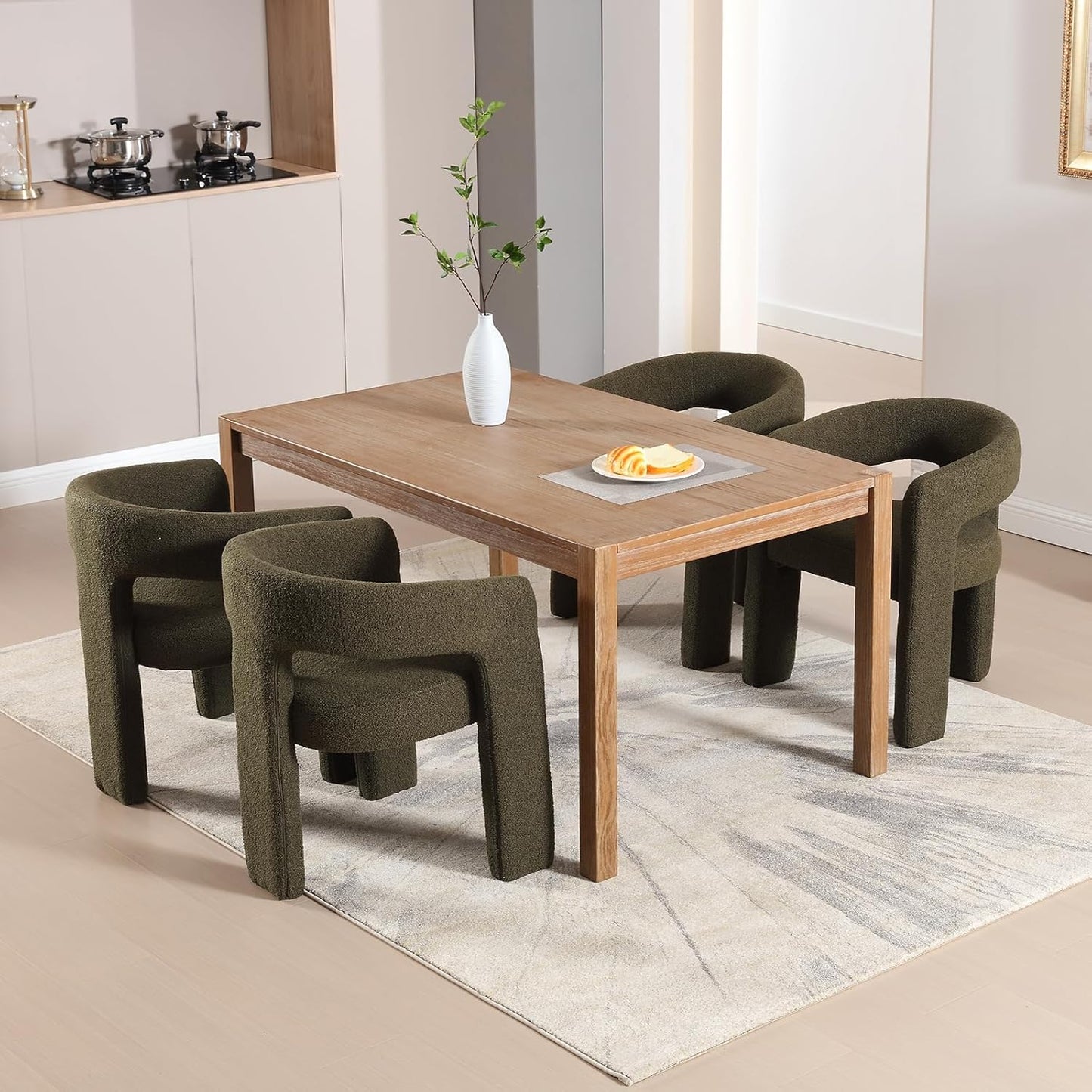 Green Sherpa Dining Chairs Set of 6, Modern Barrel Dining Room Chairs Upholstered Faux Fur Accent