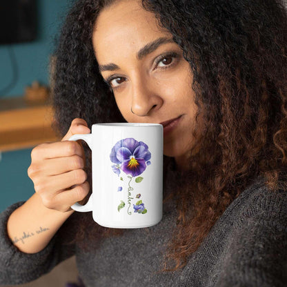 Pansy Design Ceramic Cup, Personalized Name Flower Themed Mug, Custom Coffee Cup For Pansy Flower