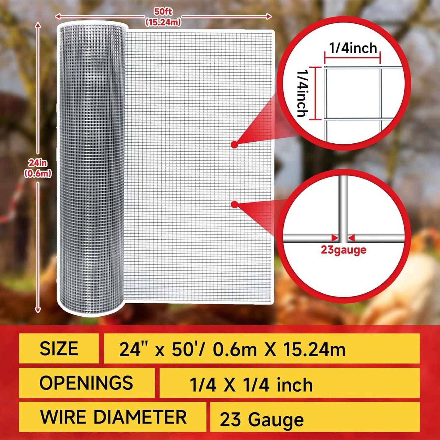 Hardware Cloth,1/4inch 24inx50ft 23 Gauge,Double-Layer Hot-Dip Galvanizing After Welding,Chicken