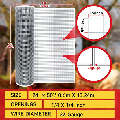 Hardware Cloth,1/4inch 24inx50ft 23 Gauge,Double-Layer Hot-Dip Galvanizing After Welding,Chicken