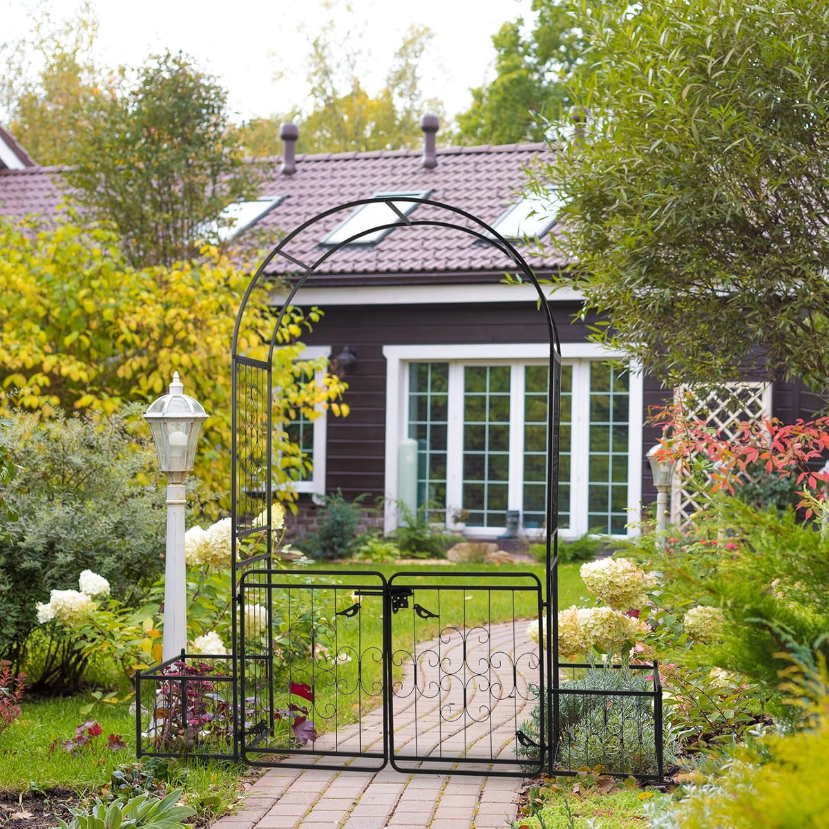 VINGLI Garden Arbor Arch with Gate and Planter Box, Wedding Arch Archway for Ceremony Party