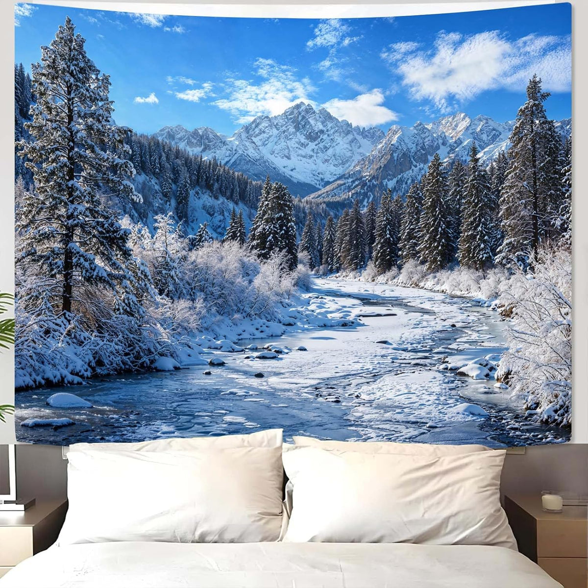 AMM Winter Forest Snow Mountain Tapestry Snowy Pine Tree Woodland Tapestry for Bedroom Aesthetic