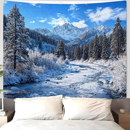 AMM Winter Forest Snow Mountain Tapestry Snowy Pine Tree Woodland Tapestry for Bedroom Aesthetic