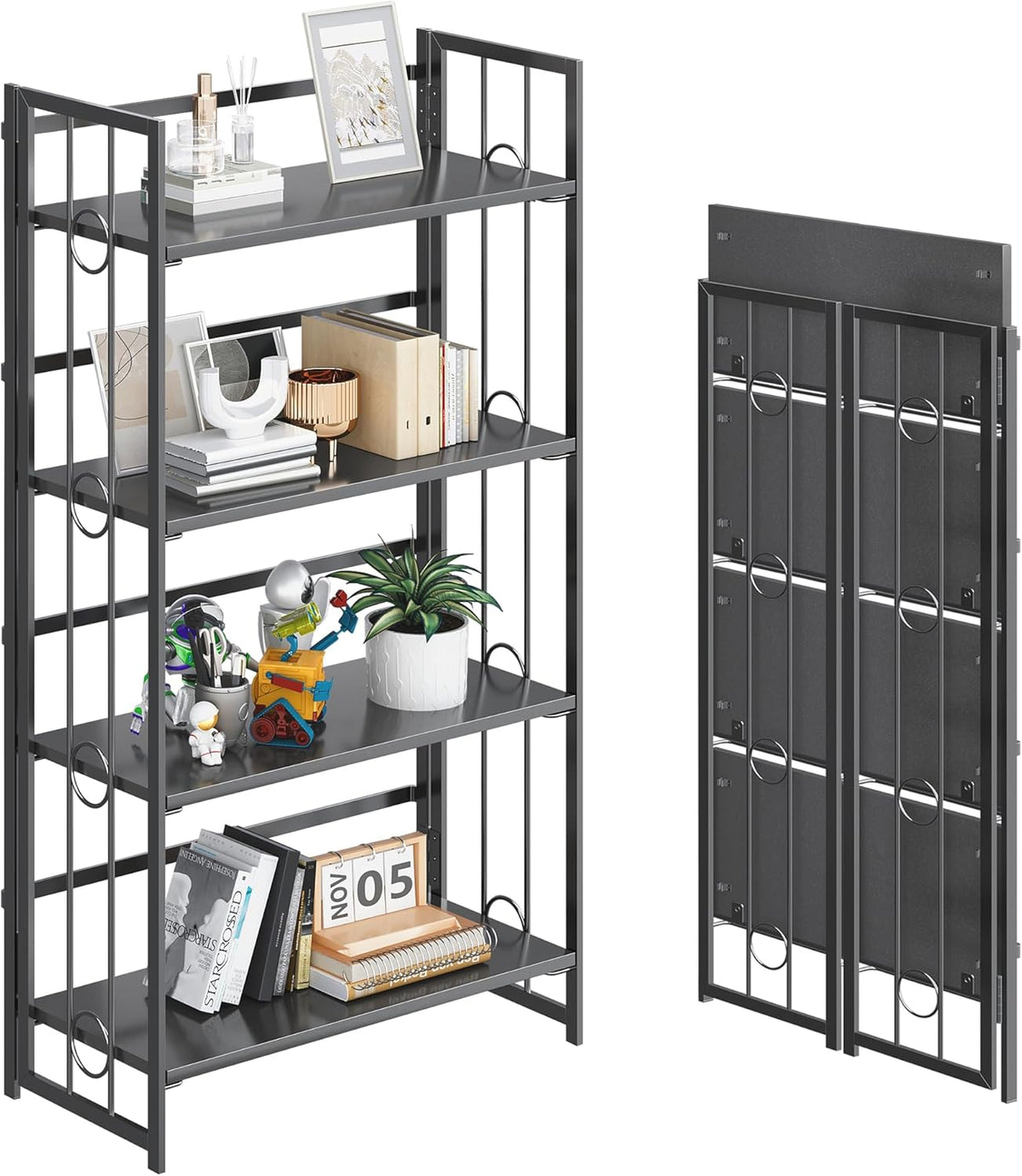 4NM No Assembly 4 Tiers Folding Bookshelf, 47.2" H Foldable Storage Shelves Vintage Bookcase