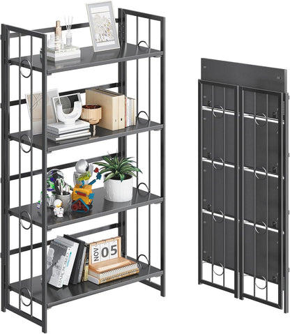 4NM No Assembly 4 Tiers Folding Bookshelf, 47.2" H Foldable Storage Shelves Vintage Bookcase