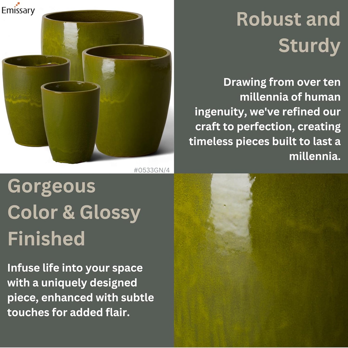 Emissary Home and Garden Bullet 12in., 14in., 15.5in., 21in. H Green Ceramic Round Planters with
