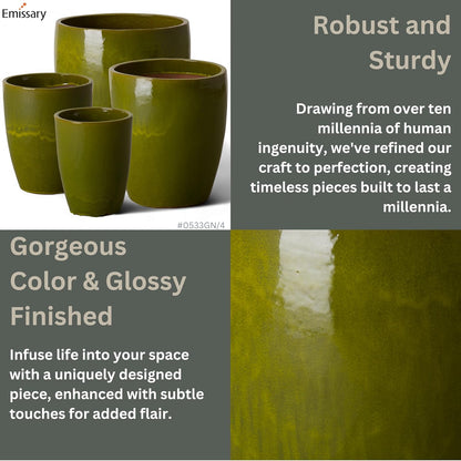 Emissary Home and Garden Bullet 12in., 14in., 15.5in., 21in. H Green Ceramic Round Planters with