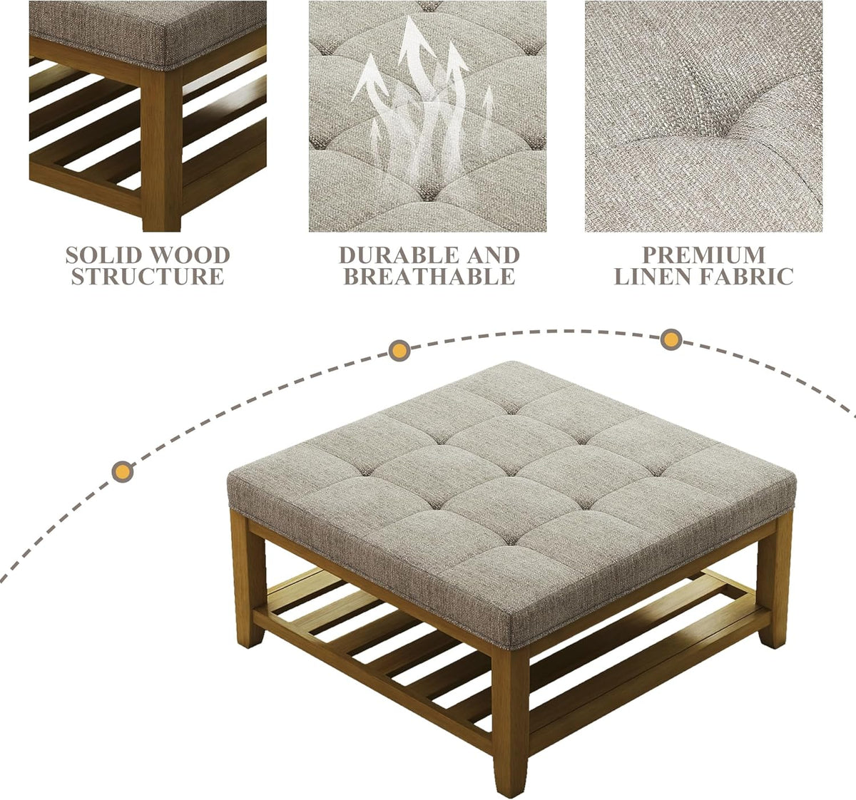 Large Square Ottoman Coffee Table, Linen Solid Upholstered Footrest Ottoman with Solid Wood Shelf