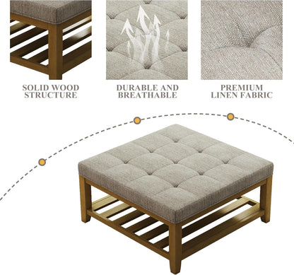 Large Square Ottoman Coffee Table, Linen Solid Upholstered Footrest Ottoman with Solid Wood Shelf