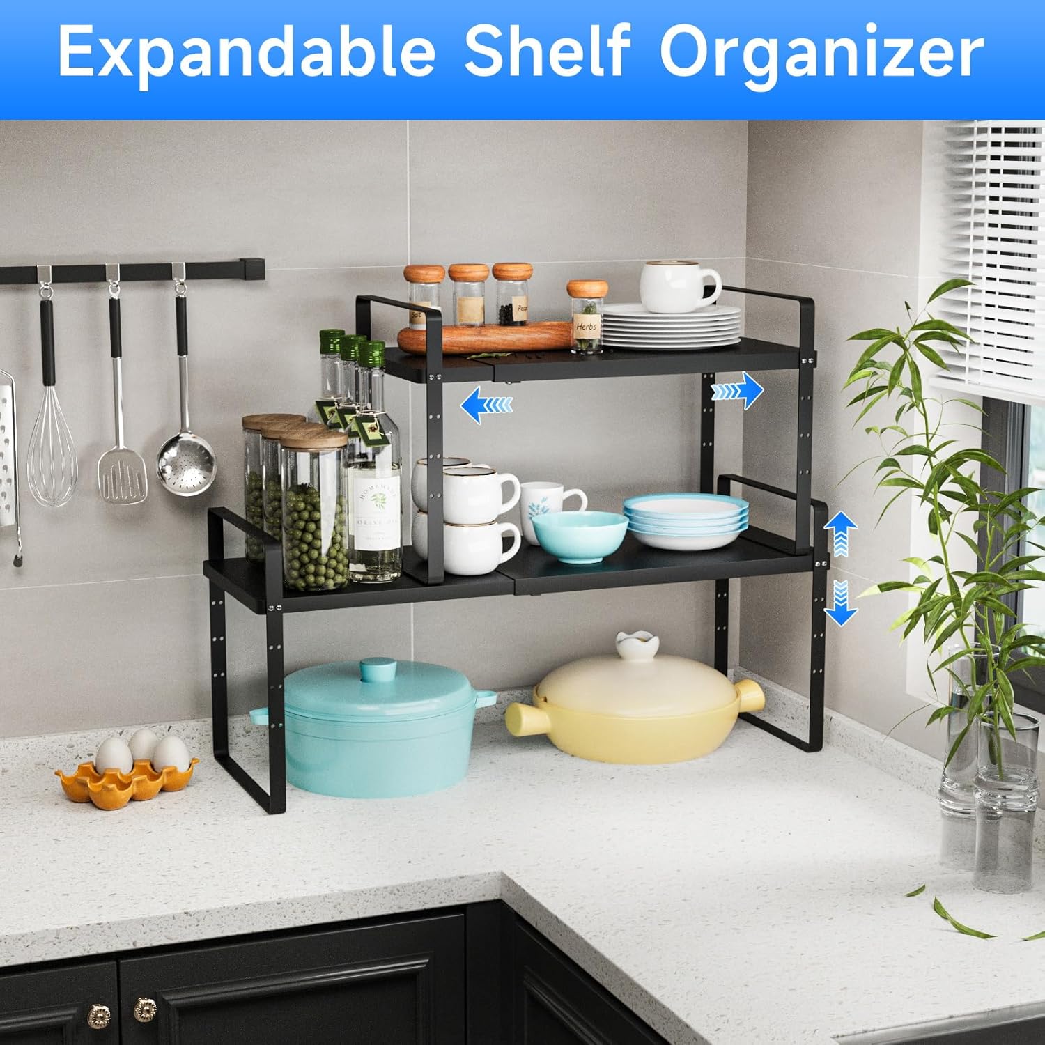 Expandable Cabinet Shelf Organizer, Stackable Kitchen Pantry Counter Storage, Adjustable Closet