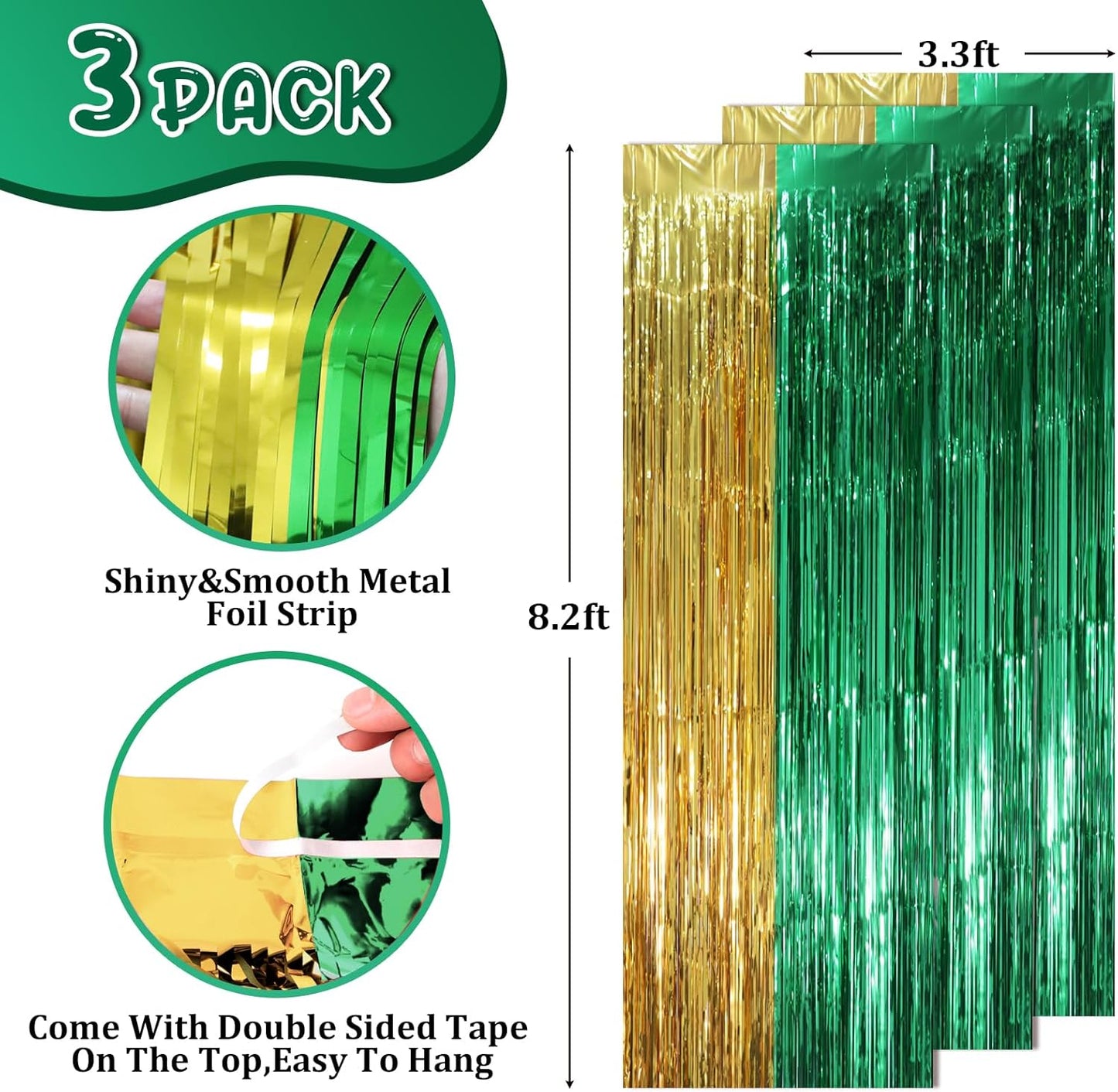3 Pack 3.3 x 8.2 ft Green and Gold Foil Fringe Backdrop Curtains, Tinsel Streamers Party