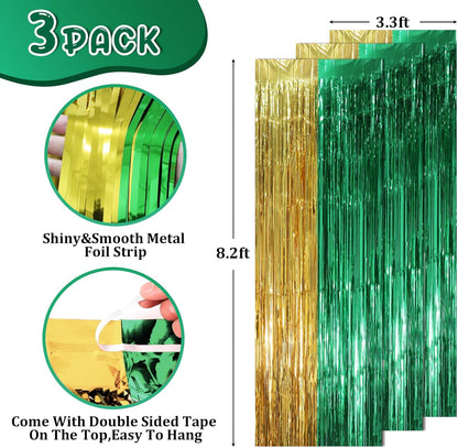3 Pack 3.3 x 8.2 ft Green and Gold Foil Fringe Backdrop Curtains, Tinsel Streamers Party
