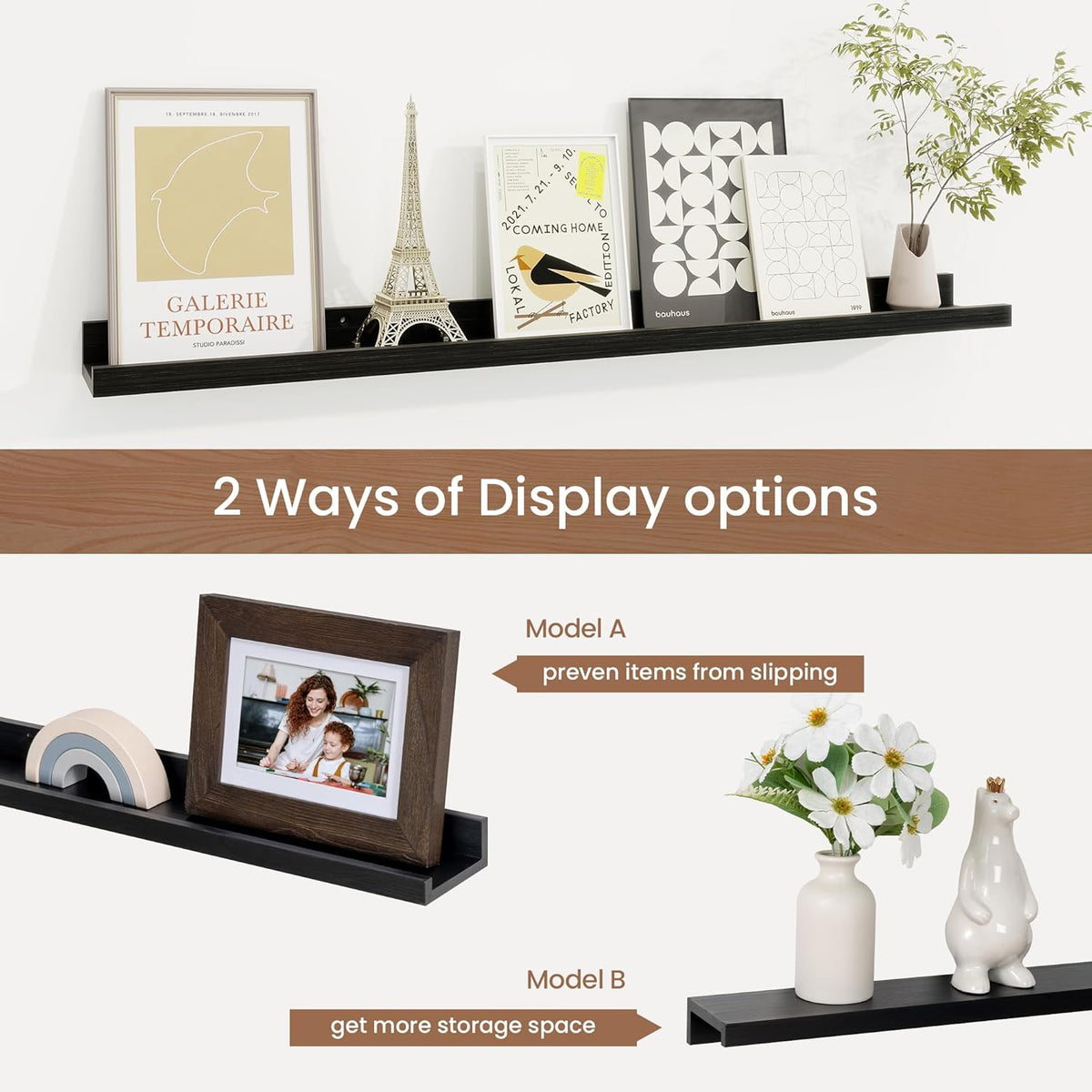 Picture Ledge Shelf, Solid Pine Wood Floating Shelves Set of 2, 32 Inches Nursery Book Shelves for