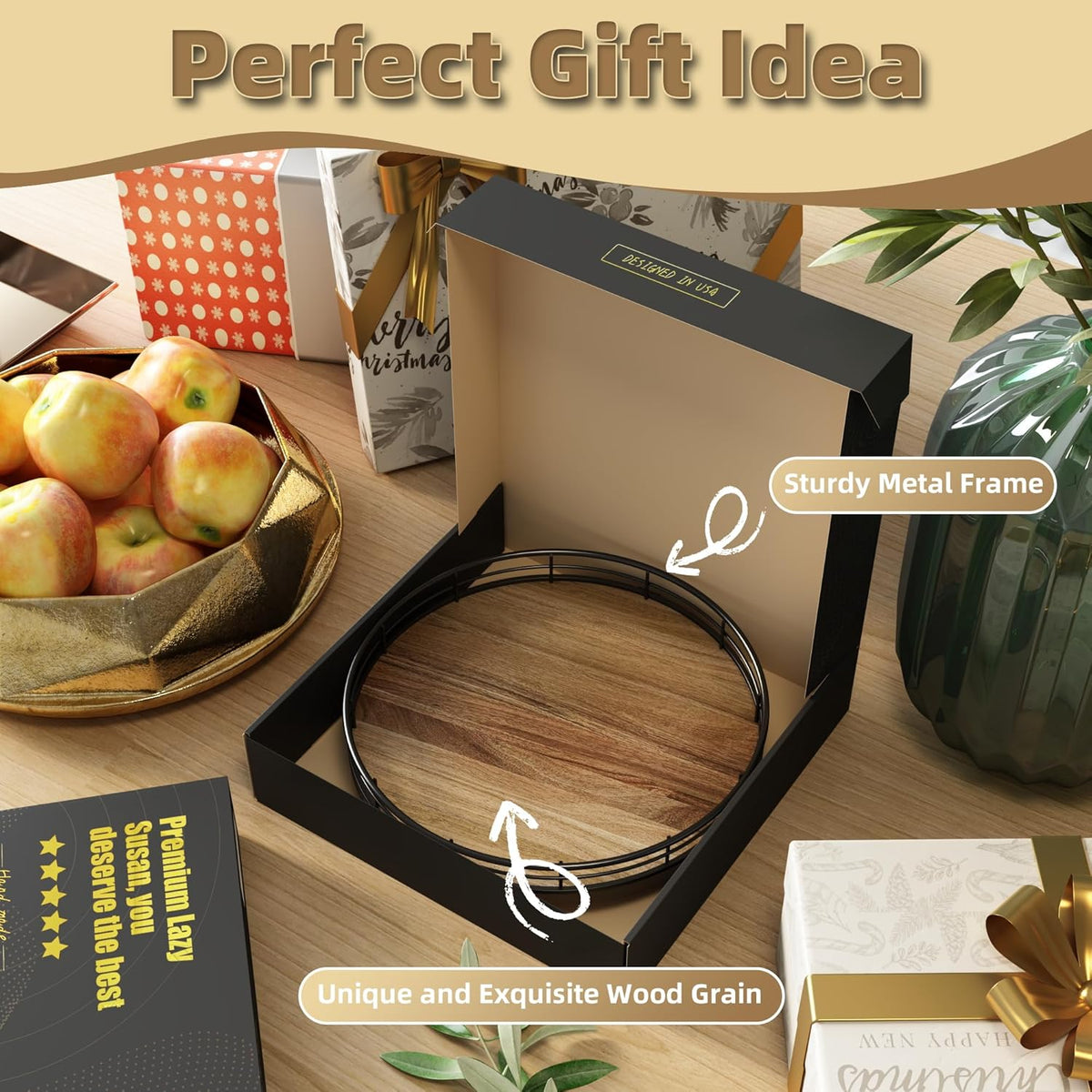 Acacia Wood 9" Bathroom Vanity Tray Turntable, Farmhouse Round Bathroom Countertop Organizer for