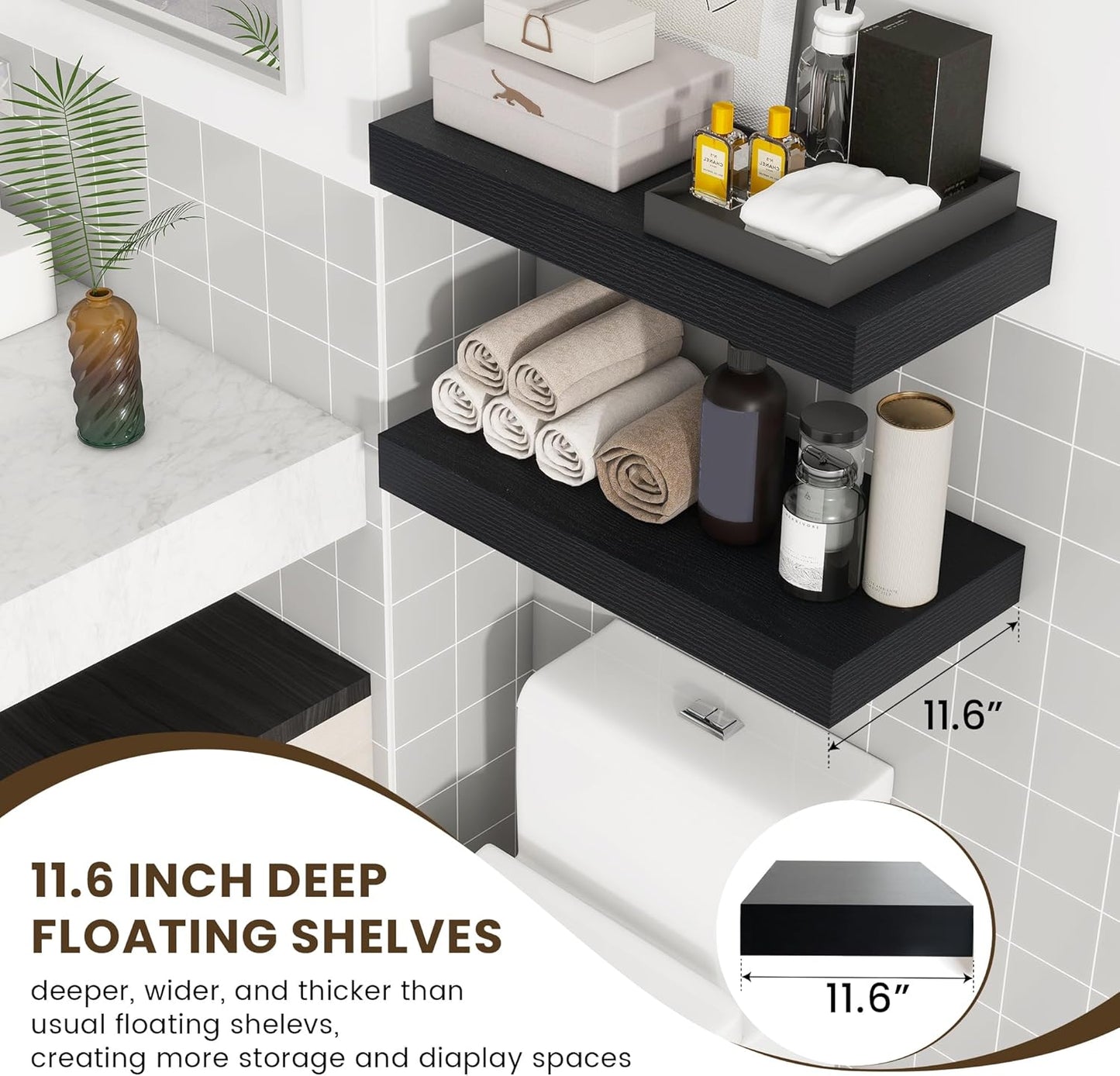 Deep Floating Shelves for Wall, 24W x 12D Black Floating Shelves Set of 2, 12'' Deep Large Wood