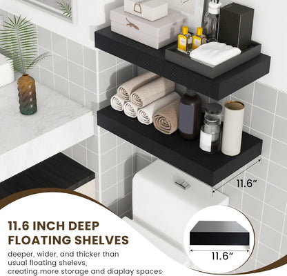 Deep Floating Shelves for Wall, 24W x 12D Black Floating Shelves Set of 2, 12'' Deep Large Wood