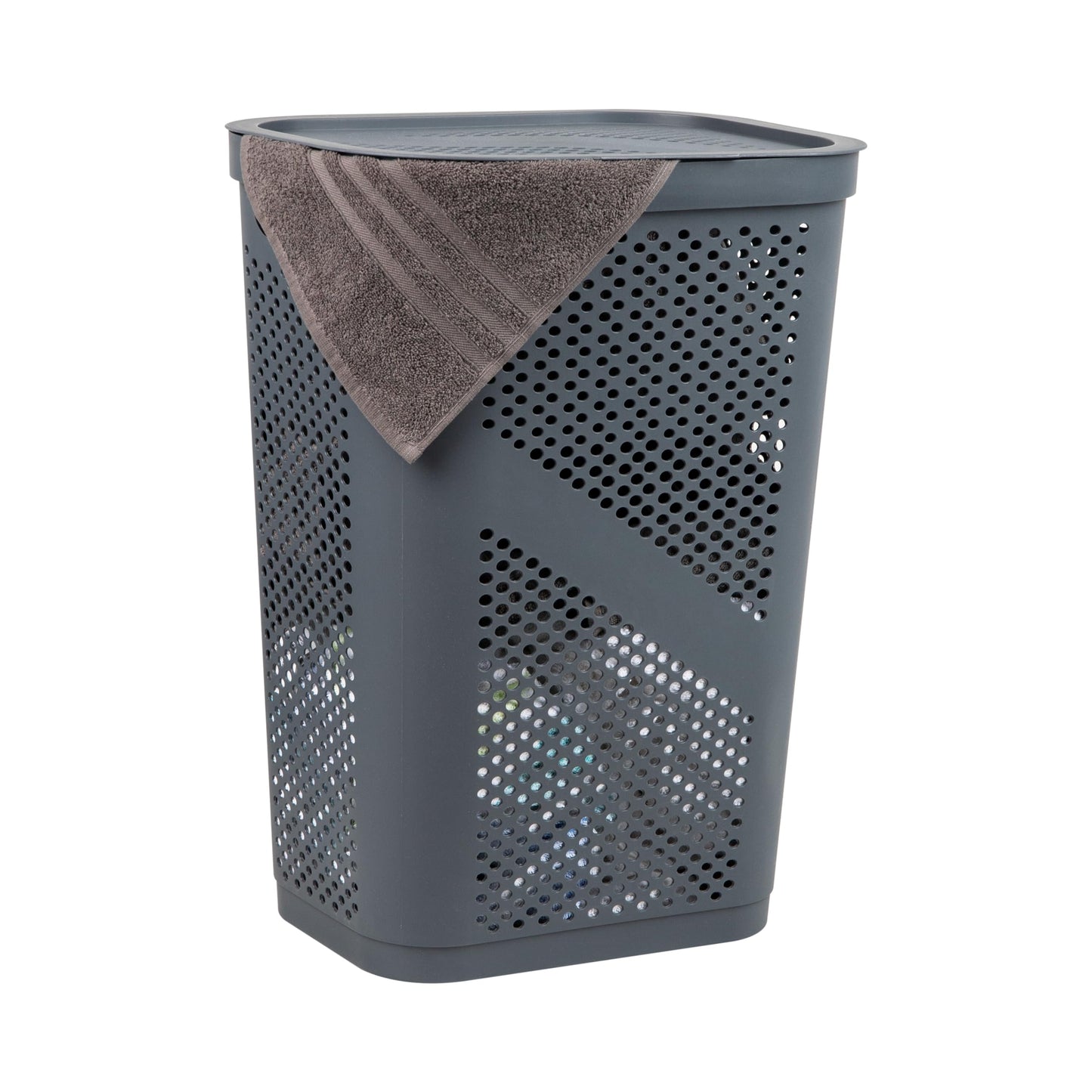 Mind Reader Slim Laundry Hamper with Lid, 60L Clothes Basket, Ventilated Plastic, Gray