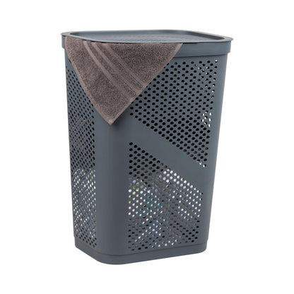 Mind Reader Slim Laundry Hamper with Lid, 60L Clothes Basket, Ventilated Plastic, Gray