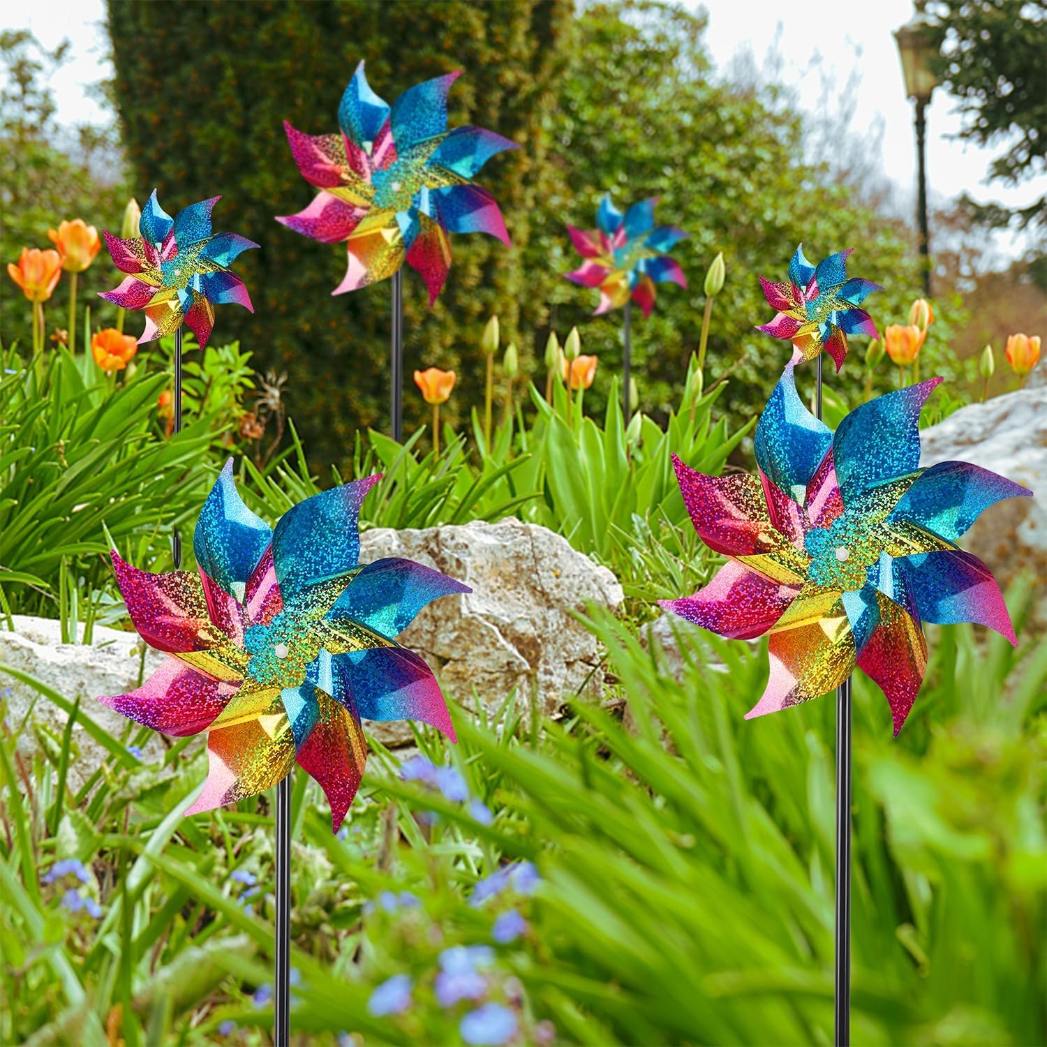 Hausse 10 Pack Reflective Pinwheels Wind Spinner, Extra Sparkly Rainbow Pinwheel with Stakes, Bird