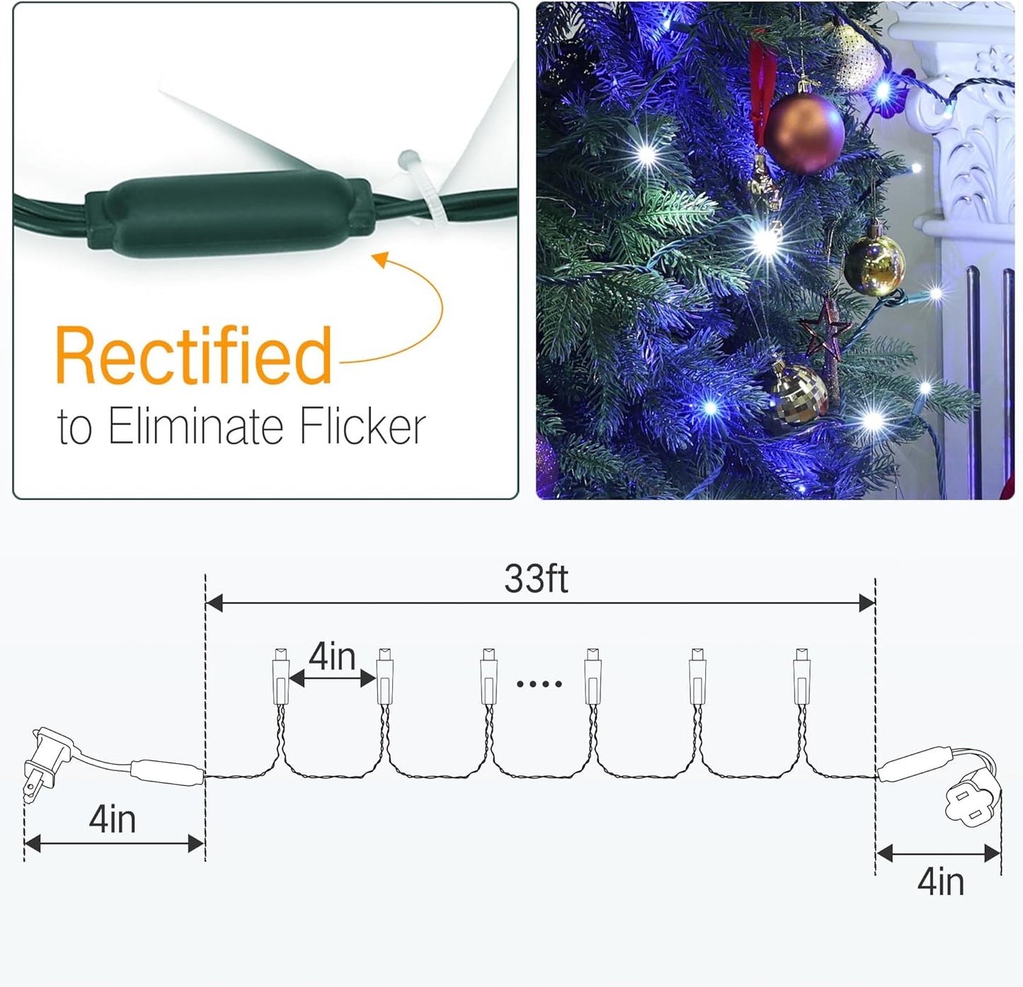 Brizled Blue & White Christmas Lights, 33ft 100 LED 5MM Wide Angle Christmas Lights, Mini String