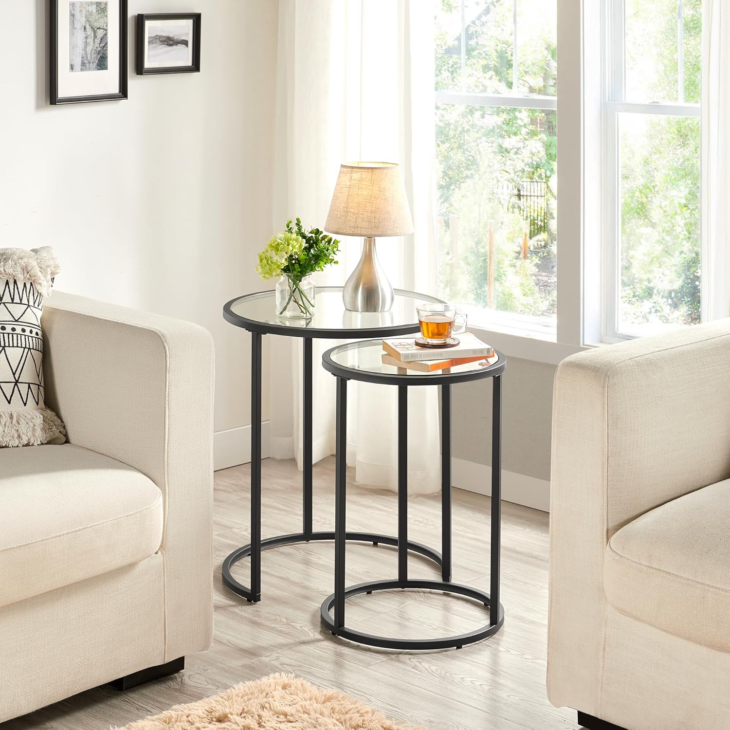 Yaheetech Round Nesting End Table Set of 2,Stacking Side Tables,Coffee Tables Set w/Metal Frame &
