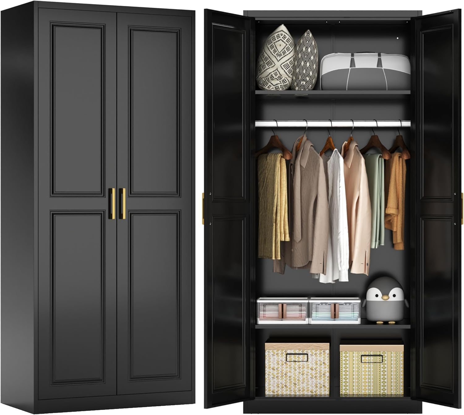 71" Metal Armoire Wardrobe Closet with 2 Doors, Tall Wardrobe Cabinet with Hanging Rod and
