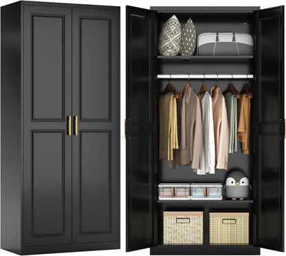 71" Metal Armoire Wardrobe Closet with 2 Doors, Tall Wardrobe Cabinet with Hanging Rod and